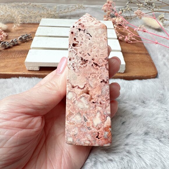 Beautiful Small Pink Crazy Lace Agate Tower Obelisk - Picture 2 of 7